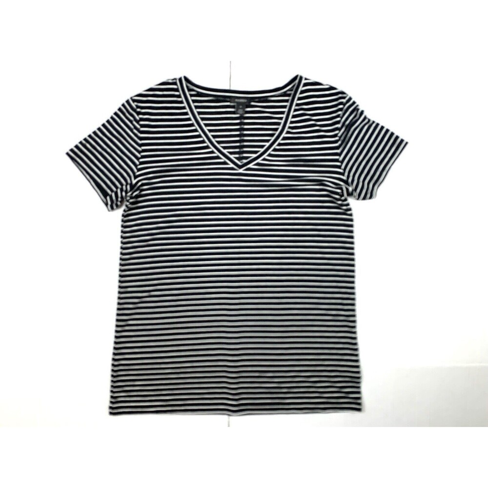Halogen Womens Size M V-Neck Top Black White Striped Short Sleeve Jersey